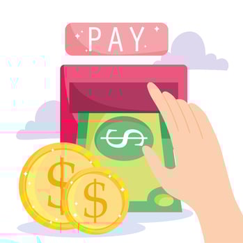 Hand doing a cash withdraw and golden coins vector