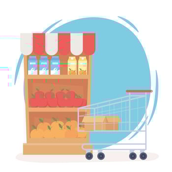 Stocked shelves and empty shopping cart vector