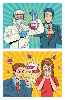 People with COVID 19 pandemic characters in pop art style vector