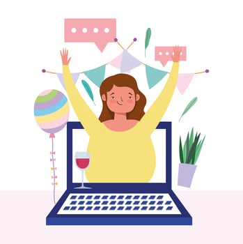 Woman on the laptop screen celebrating online vector
