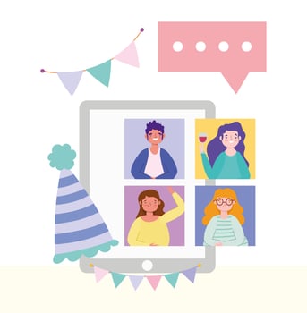 Friends meeting on a online party and celebration on the tablet vector