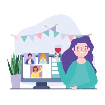 Woman on a online party and celebration via video call vector
