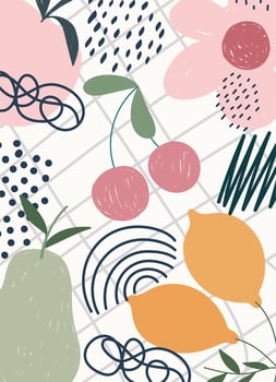 Contemporary fruits and flowers hand drawing vector