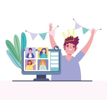 Young man on a birthday party online vector