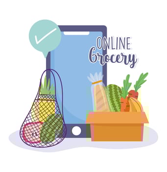 Smartphone with packed groceries online order icon vector