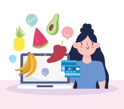 Woman with laptop shopping groceries online vector