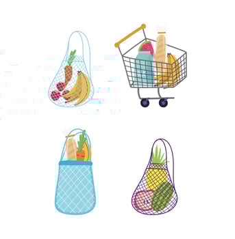 Groceries in eco bags and shopping cart icon set vector