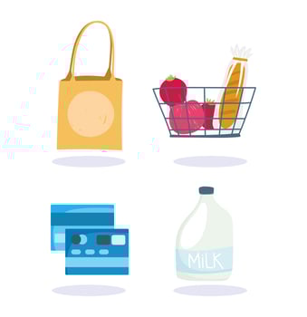 Grocery store products and credit cards icon set vector