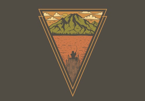 Fishing on the lake design in triangle frame vector