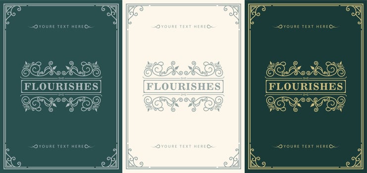 Green, white and gold flourish card set vector