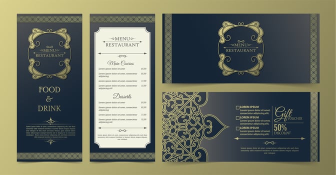 Blue and gold ornamental restaurant menu and voucher set vector