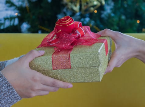 Two people holding a gift box photo
