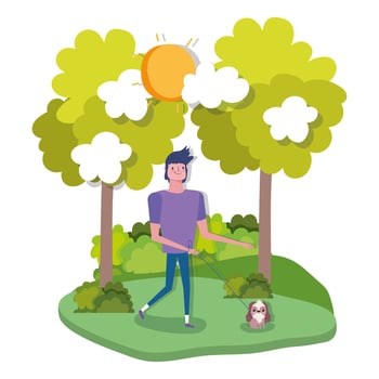 Young man walking his dog in the park vector