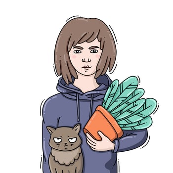 Young woman  holding a potted plant with a funny cat vector