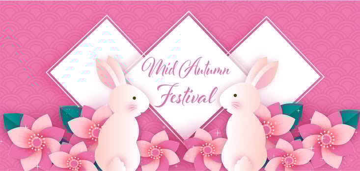Paper art mid autumn festival banner with rabbits in flowers vector
