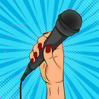 Pop art poster with female hand holding microphone vector