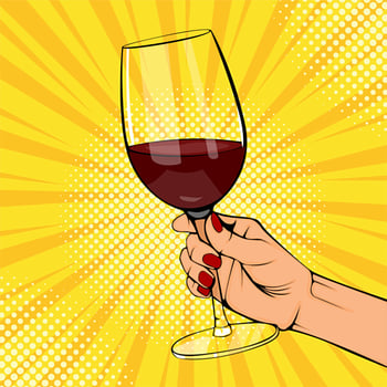 Pop art poster of female hand holding red wine vector