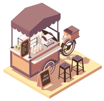 Isometric coffee cart bicycle vector