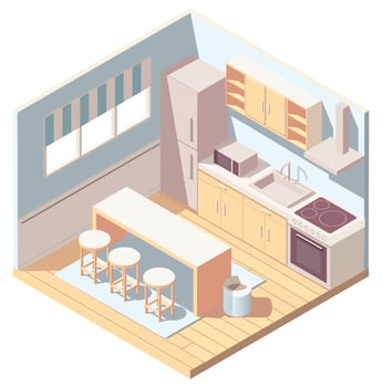 Isometric kitchen interior with kitchenware vector