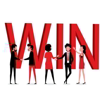 Business men and women with large red win text vector