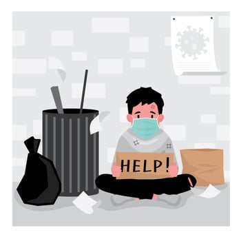 Masked homeless man by garbage holding help sign vector