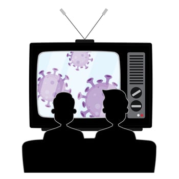 2 boys sitting on sofa and watching virus news vector