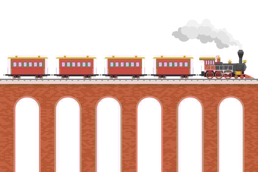 Steam train with wagons on the bridge vector