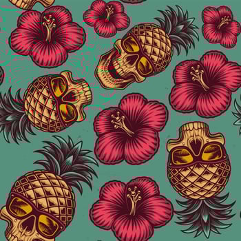 Hawaiian theme pineapple skull and flowers seamless pattern vector