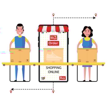 Man, Woman Selling Product Online 50 Percent Discount vector