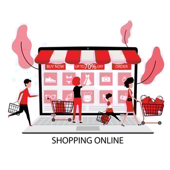 People Order Products on Sale Online from Big Touch Screen vector