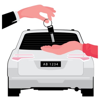 Car Rental Business Hand Giving Key to Hand Behind White Car vector