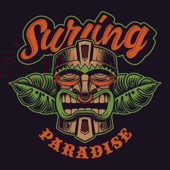 Tiki mask with foliage and surfing paradise lettering vector