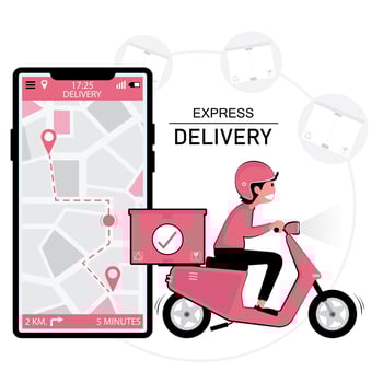 Scooter delivery man and smartphone with gps location vector