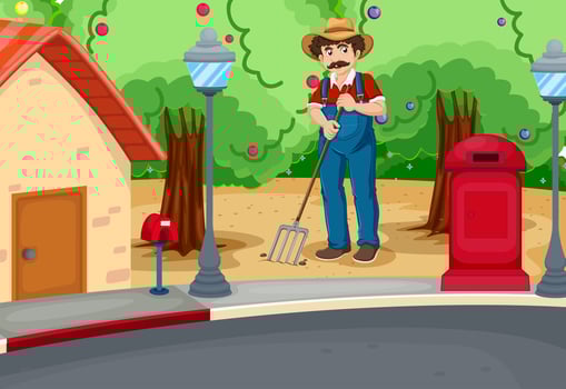 A man raking the soil near the road vector