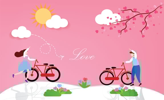 Lovely couple with bicycles outdoors vector