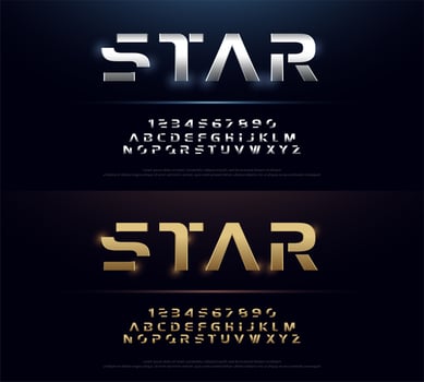 Silver and gold metal futuristic alphabet font set vector