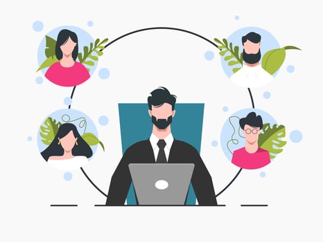 Business Man at Laptop in Meeting with Avatars vector