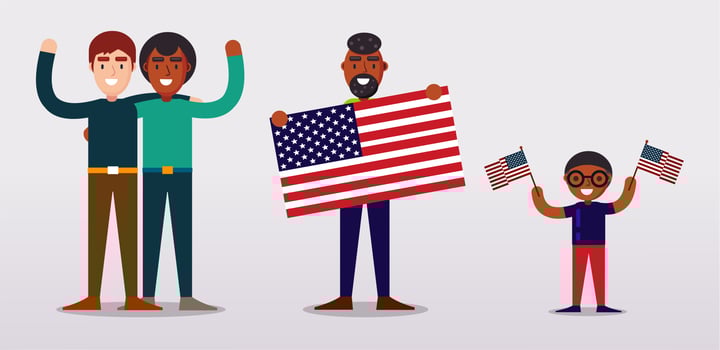 People holding USA flags, standing next to each other vector