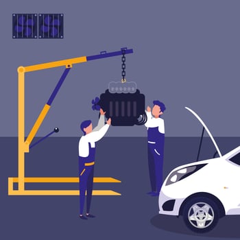 Car in maintenance workshop with mechanics team vector