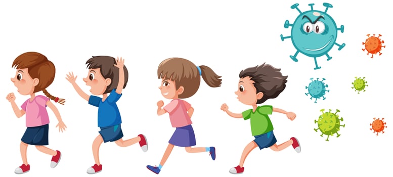 Four kids running away from coronavirus germ  vector