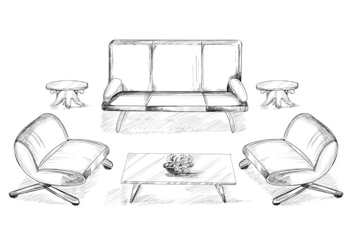 Sketched house interior with sofa and dining table vector