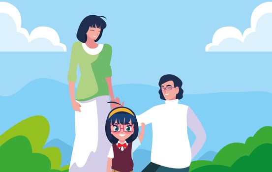 Cute little student girl with parents in landscape vector