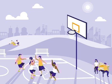 People practicing sport in basketball field vector