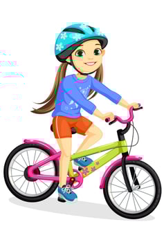 Happy little girl in helmet riding bicycle vector