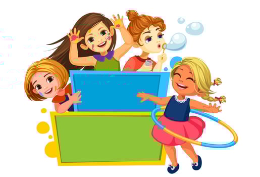 Happy kids playing around the blank board vector