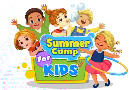 Happy kids playing around the Summer camp board vector