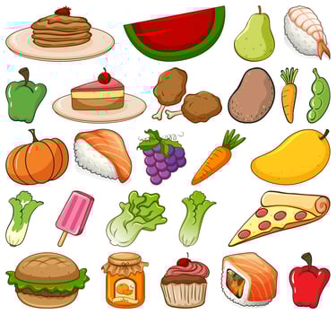 Large Set of Fruits and Vegetables on White Background vector