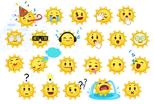 Collection of different emoticons of cute sun cartoon vector