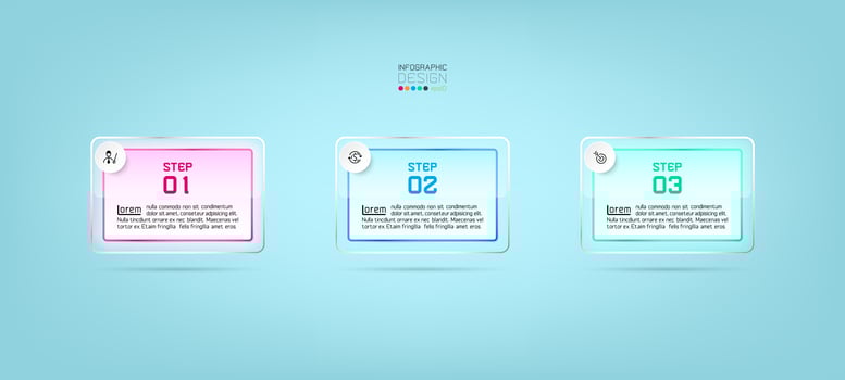 Glass rectangles, 3-step infographic template design vector