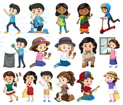 Large Set of Boys, Girls in Various Activities on White vector